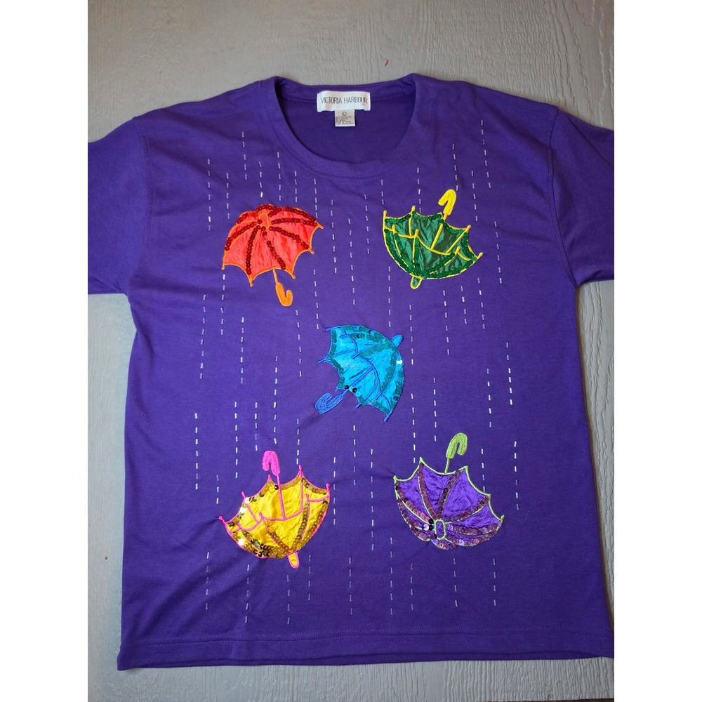Victoria Harbour Purple Umbrella Sequin Beaded Vintage T-Shirt Womens Large